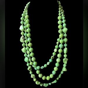 Vintage Green Turquoise Bead Triple Strand Sterling Silver Necklace